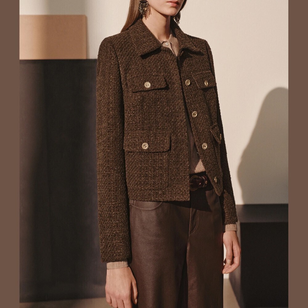Brown Tweed Flap Pocket Gold Button Collared Short Suit Jacket